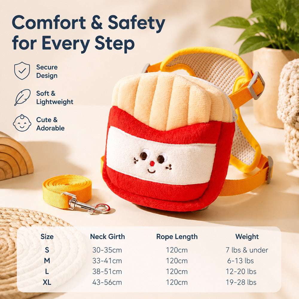🍔 Cute Burger & Fries Pet Harness Backpack with Leash