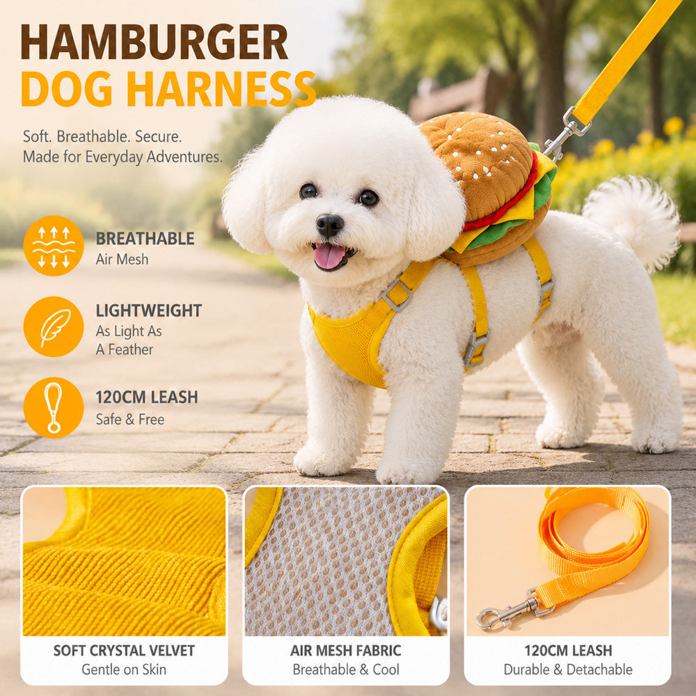 🍔 Cute Burger & Fries Pet Harness Backpack with Leash